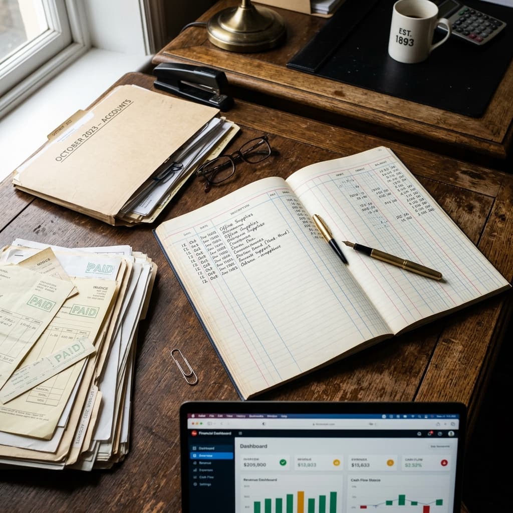 An accounting desk with an open ledger, paid invoices, and a financial dashboard on a laptop — the world Settlah replaces with automation